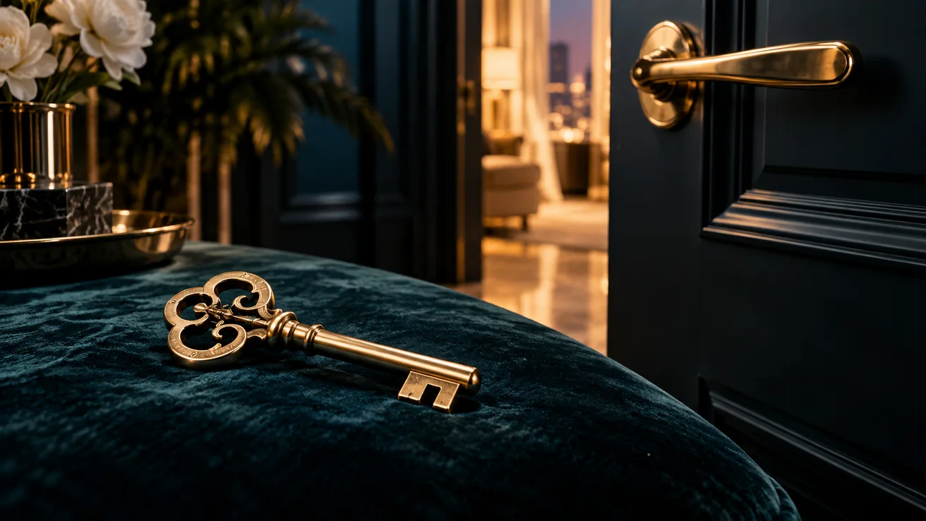 Brass key beside an open doorway — AI illustration