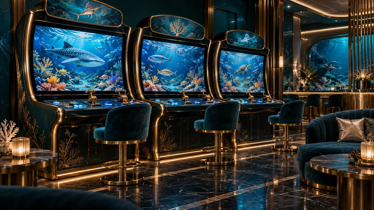Fishing arcade cabinets with marine-themed screens — AI illustration