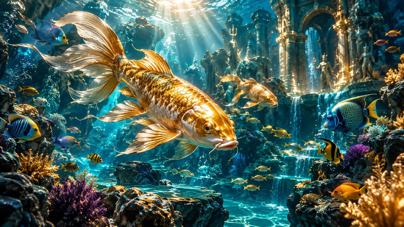 Golden fish and tropical fish in an underwater arcade illustration — AI illustration