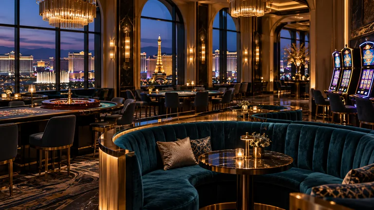Casino lounge with teal seating, champagne lighting and a Vegas skyline — AI illustration