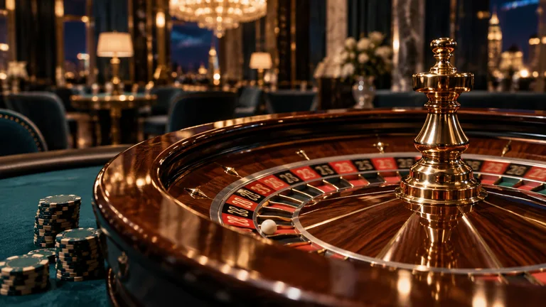 Brass roulette wheel and chips on a teal table — AI illustration