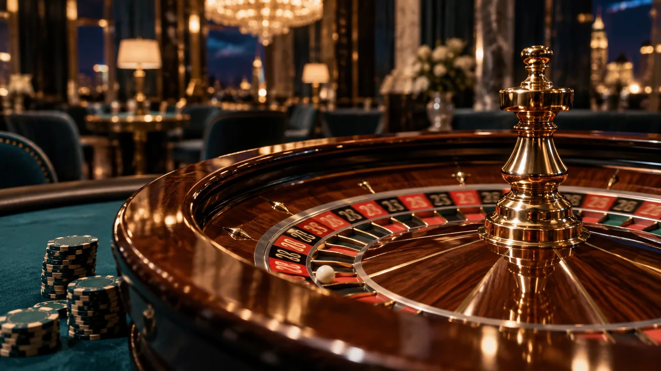 Brass roulette wheel and chips on a teal table — AI illustration