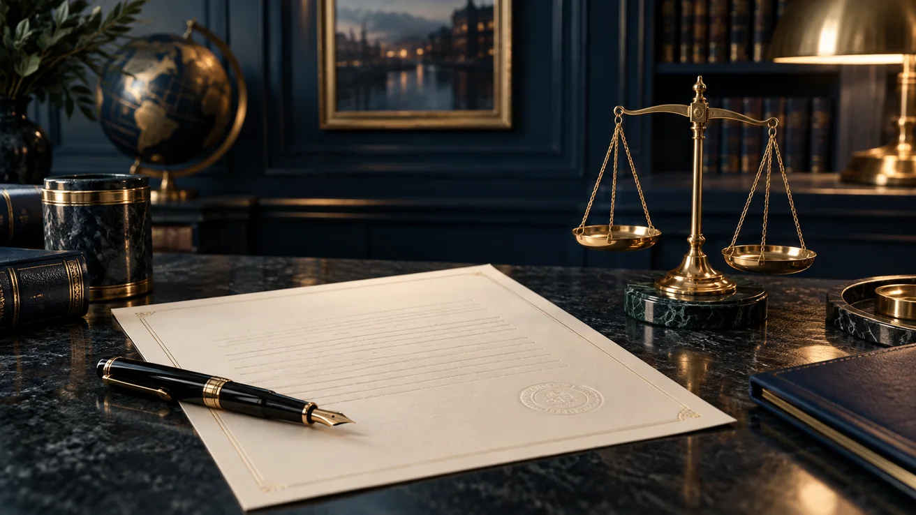Document, fountain pen and brass balance scales — AI illustration