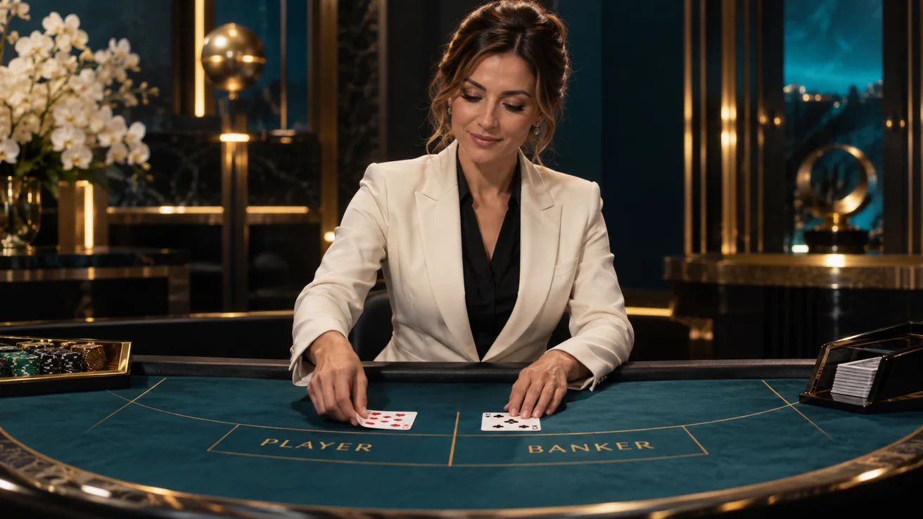 Baccarat dealer dealing cards in a modern casino studio — AI illustration