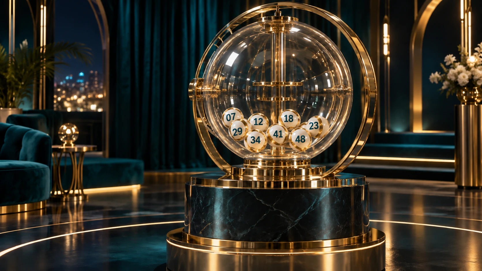 Numbered ivory lottery balls in a glass and gold draw machine — AI illustration