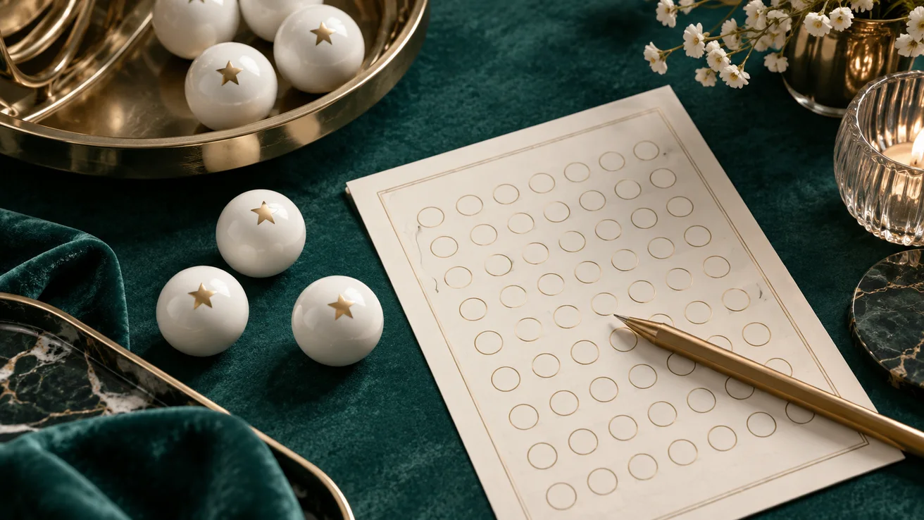 Lottery balls and a selection grid on teal felt — AI illustration