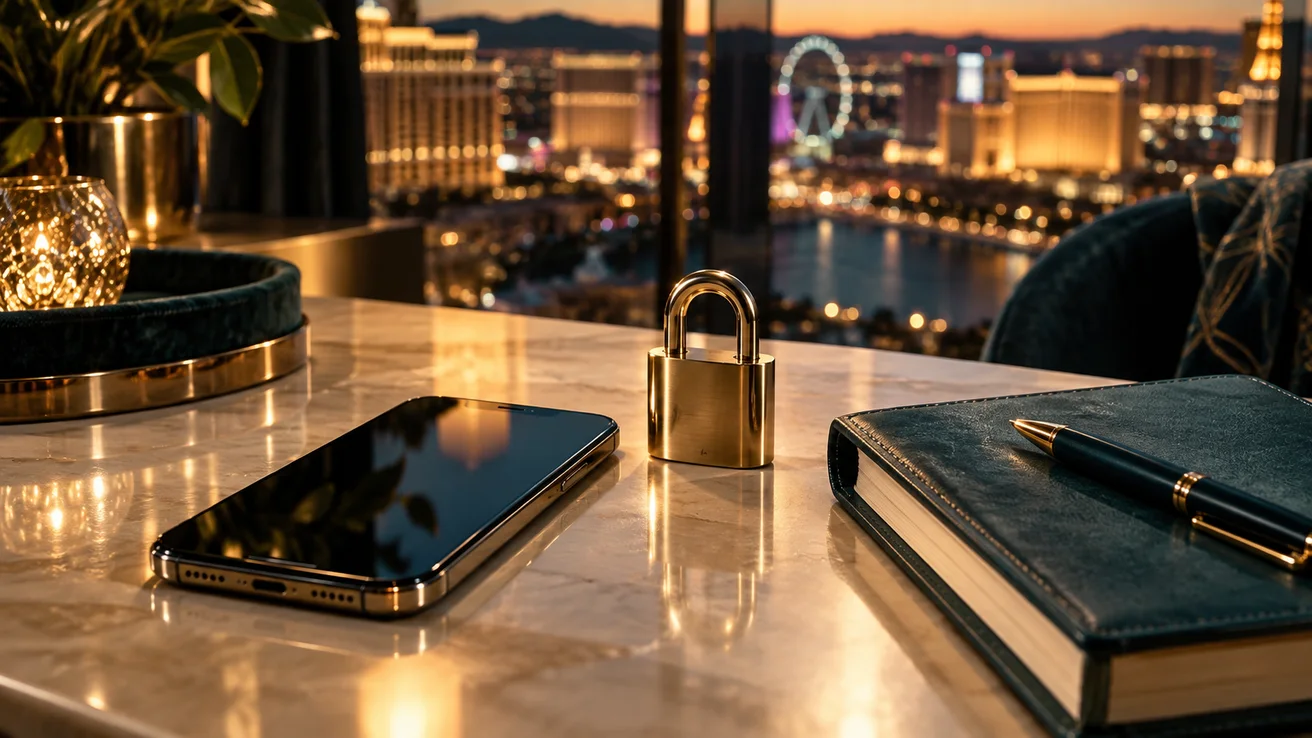 Smartphone, brass padlock and notebook — AI illustration