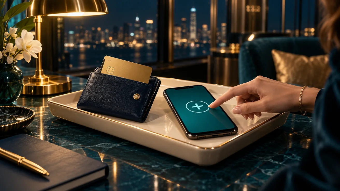 Smartphone, bank card and wallet illustrating a deposit — AI illustration
