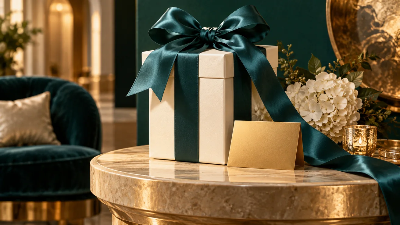 Ivory gift box on a champagne stone pedestal — AI illustration