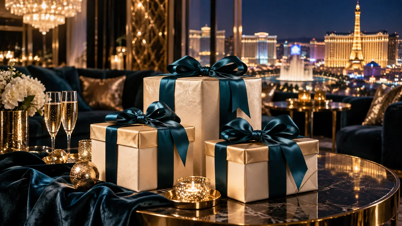 Gift boxes with teal ribbons in a casino lounge — AI illustration