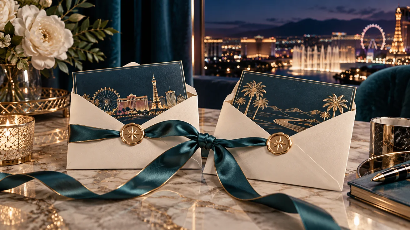 Invitation envelopes connected with a teal ribbon — AI illustration