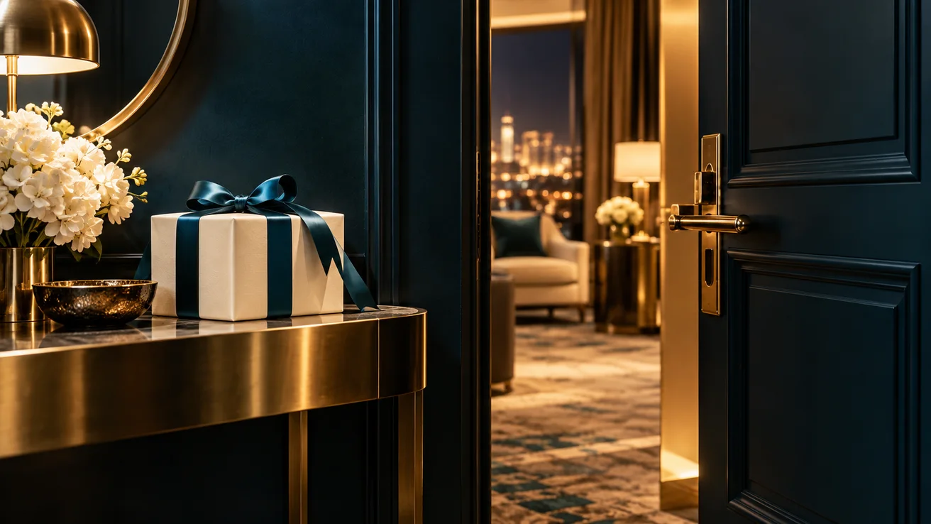 Gift beside an open hotel door — AI illustration