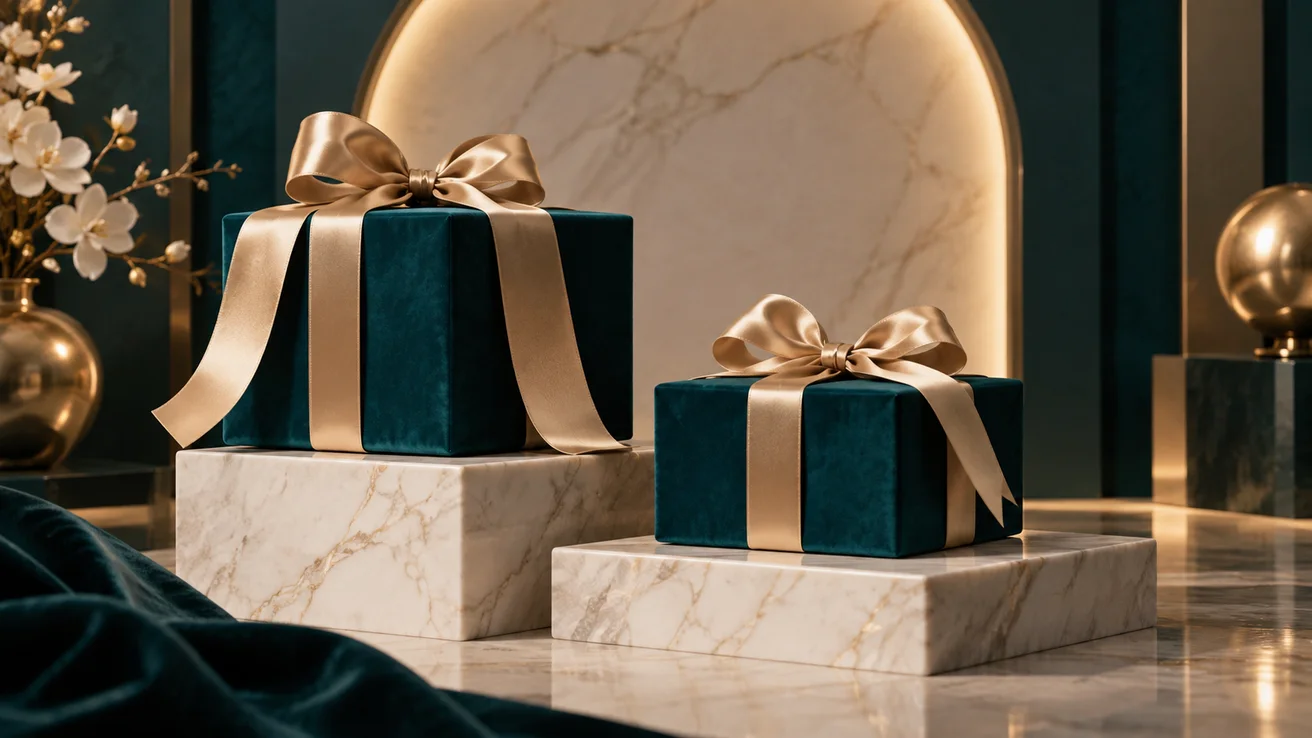 Two teal gift boxes with champagne ribbons — AI illustration