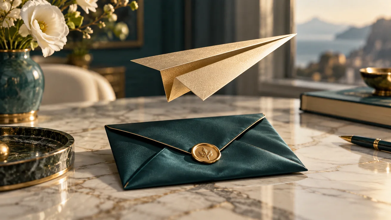 Gold paper airplane above a teal envelope — AI illustration
