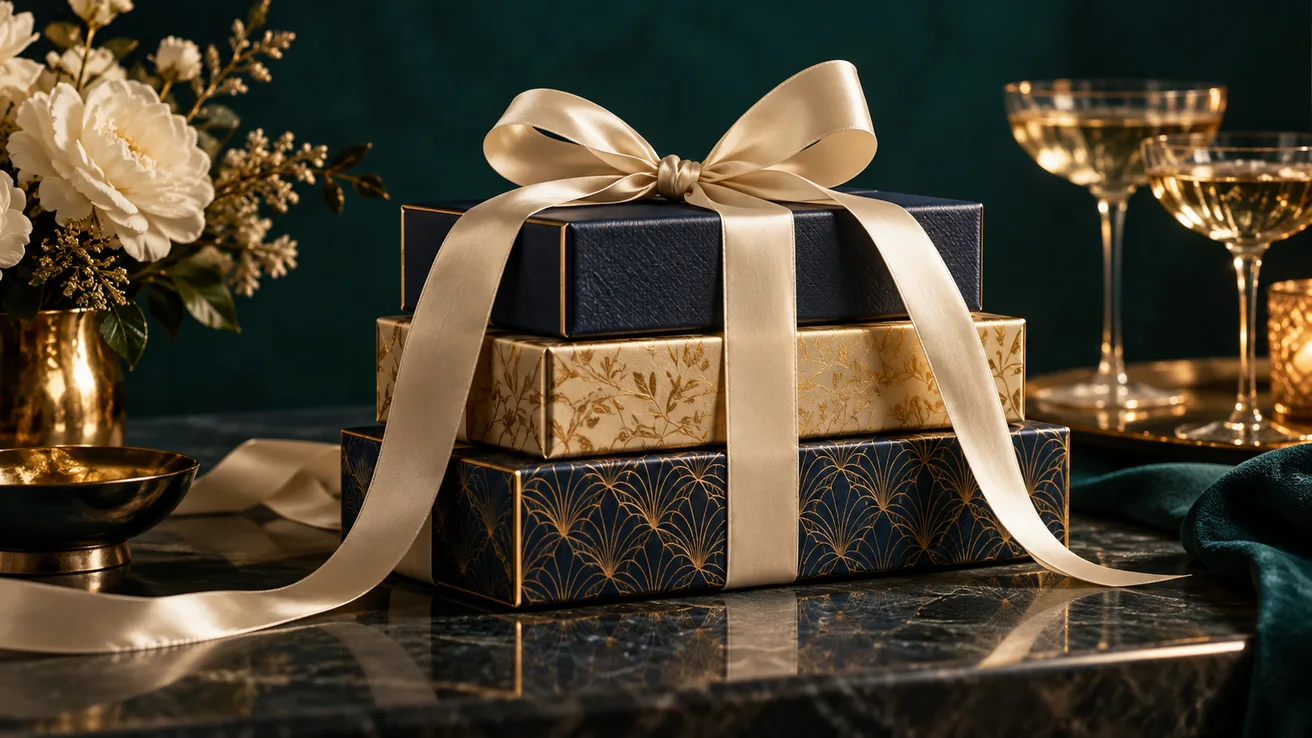 Three gift boxes tied with an ivory ribbon — AI illustration