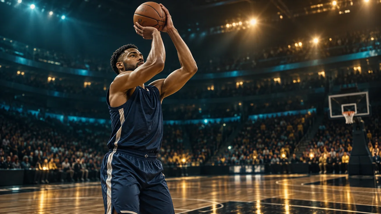 Basketball player taking a jump shot in an arena — AI illustration