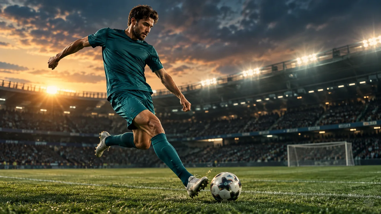 Football player striking a ball in a floodlit stadium — AI illustration