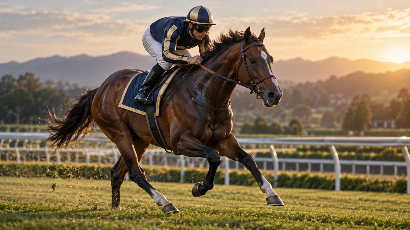 Horse and jockey racing on a turf track — AI illustration