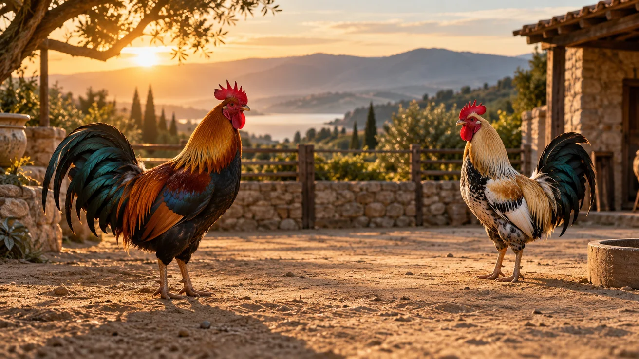 Two roosters standing in a sunlit enclosure — AI illustration