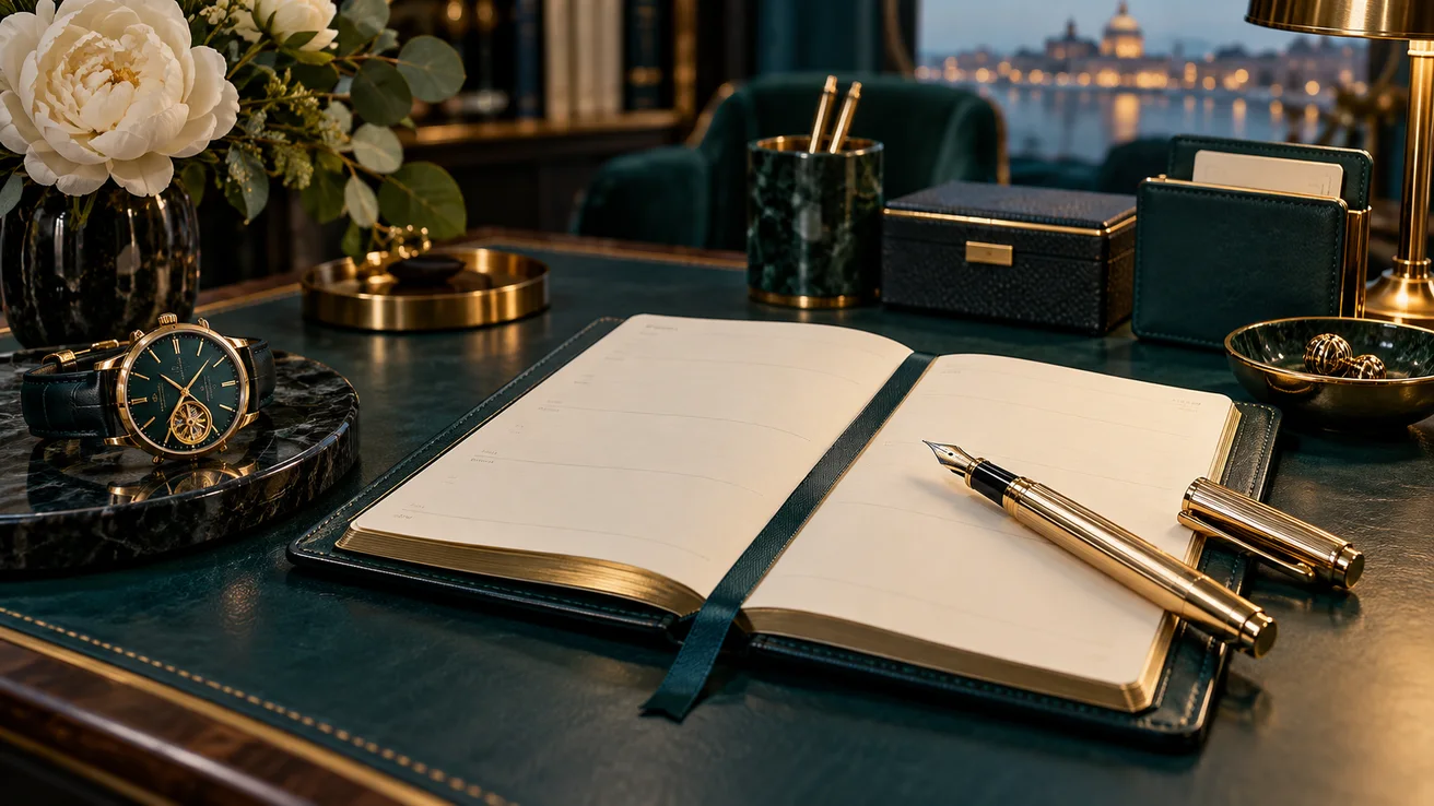 Planner, fountain pen and watch for reviewing membership conditions — AI illustration