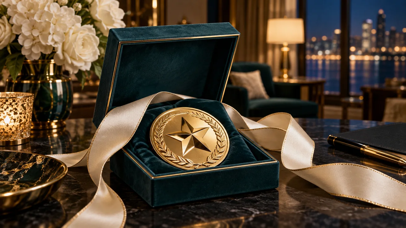 Gold star medallion in a velvet gift case — AI illustration