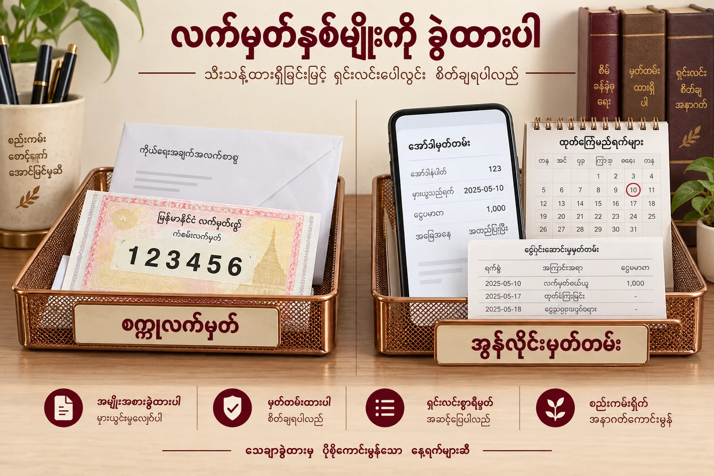 စက္ကူလက်မှတ်အထောက်အထားနှင့် အွန်လိုင်းမှတ်တမ်းကို နှစ်စုခွဲထားသော သရုပ်ဖော်ပုံ။
