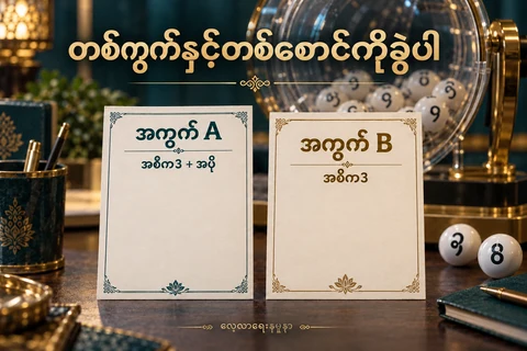 ထီမဲနှိုက်စက်နှင့်မြန်မာစာပါသီးခြားနမူနာလက်မှတ်ကွက်A၊B ကိုတစ်ကွက်နှင့်တစ်စောင်ခွဲဖတ်ရန်ပြထားသောစိတ်ကူးပုံ